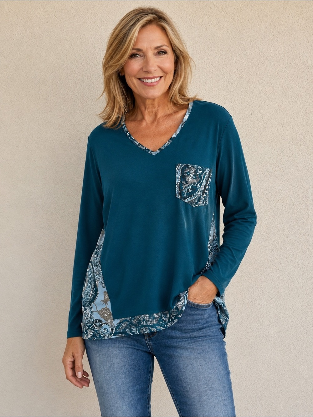 Chico’s Teal Blue Paisley Woven Back V Neck Long Sleeve Lightweight Tunic Top XL